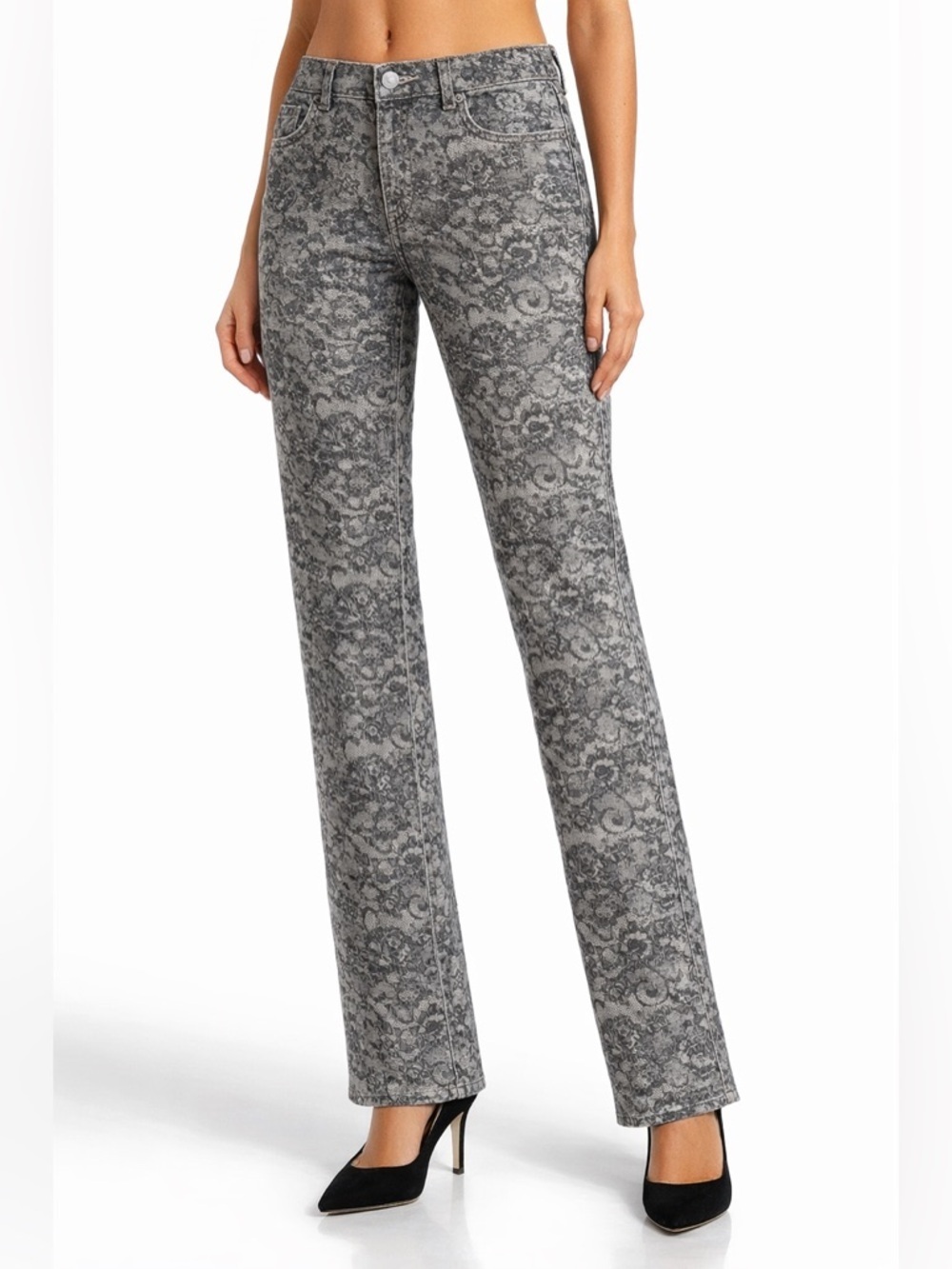 Vintage Y2K Cream Gray Lace-Pattern Straight-Leg Jeans